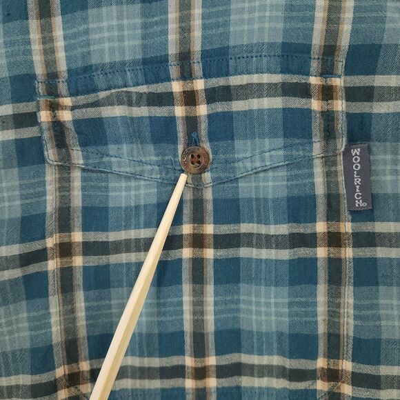 Woolrich Shirt Men's Medium Blue Plaid Button Down Short Sleeve 100% Cotton - Picture 10 of 11